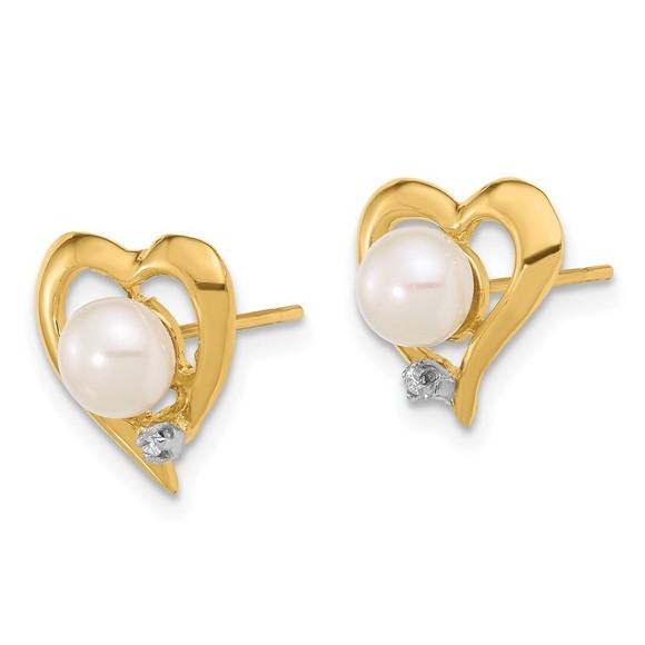 14K 5-6mm Button White FWC Pearl .02ct Diamond Heart Post Earrings - Picture 4 of 4